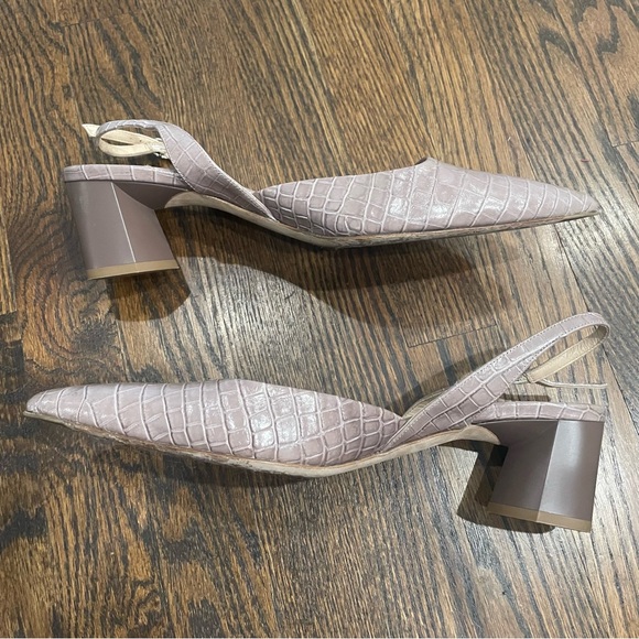 MM LAFLEUR Irene Rosy Taupe Croc Embossed Leather Slingback Block Heels - Picture 6 of 13